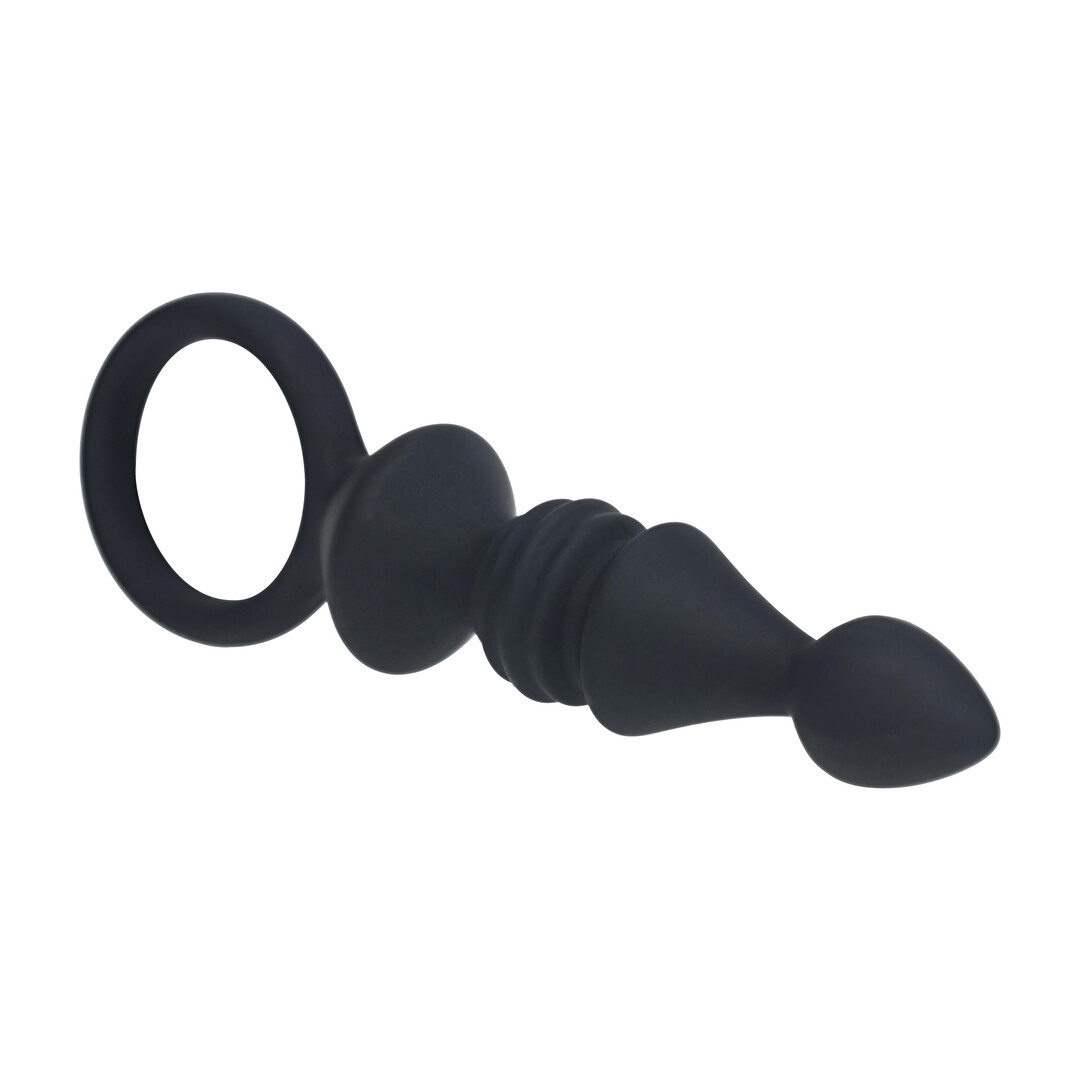 Ribbed Silicone Anal Probe with Loop - Black - Image 4