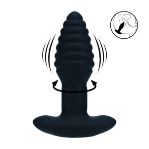 Vibrating and Rotating Ribbed Silicone Anal Plug - Black