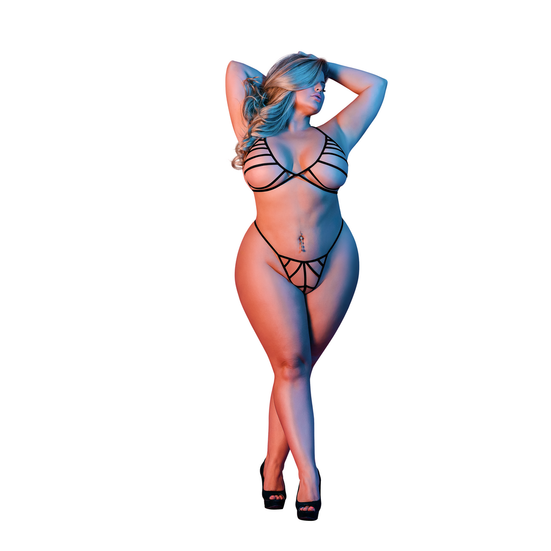 Bra and G-String Set with Straps - 2X - Black - Image 3