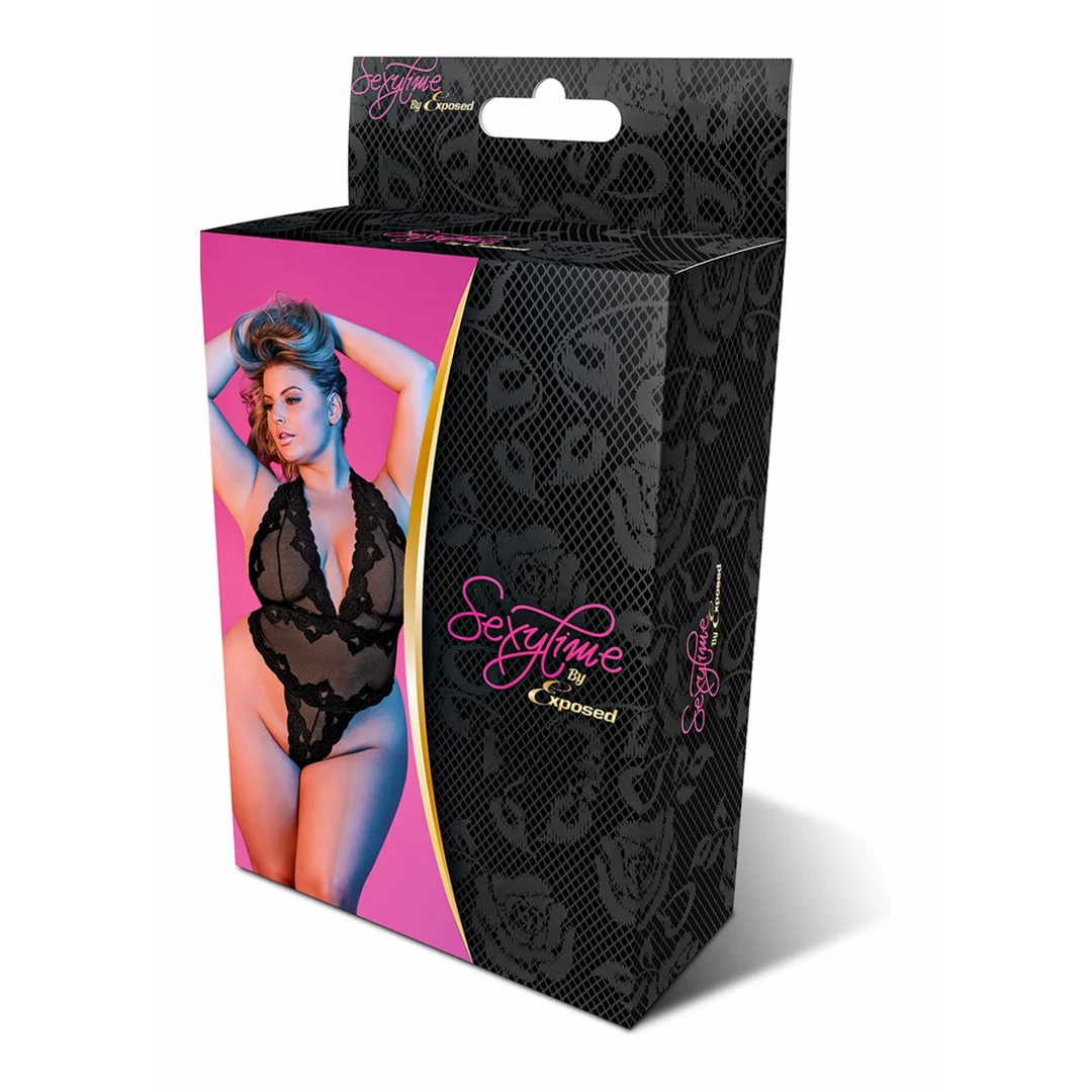 Deep Plunge Halter Teddy - Black - Queen Size