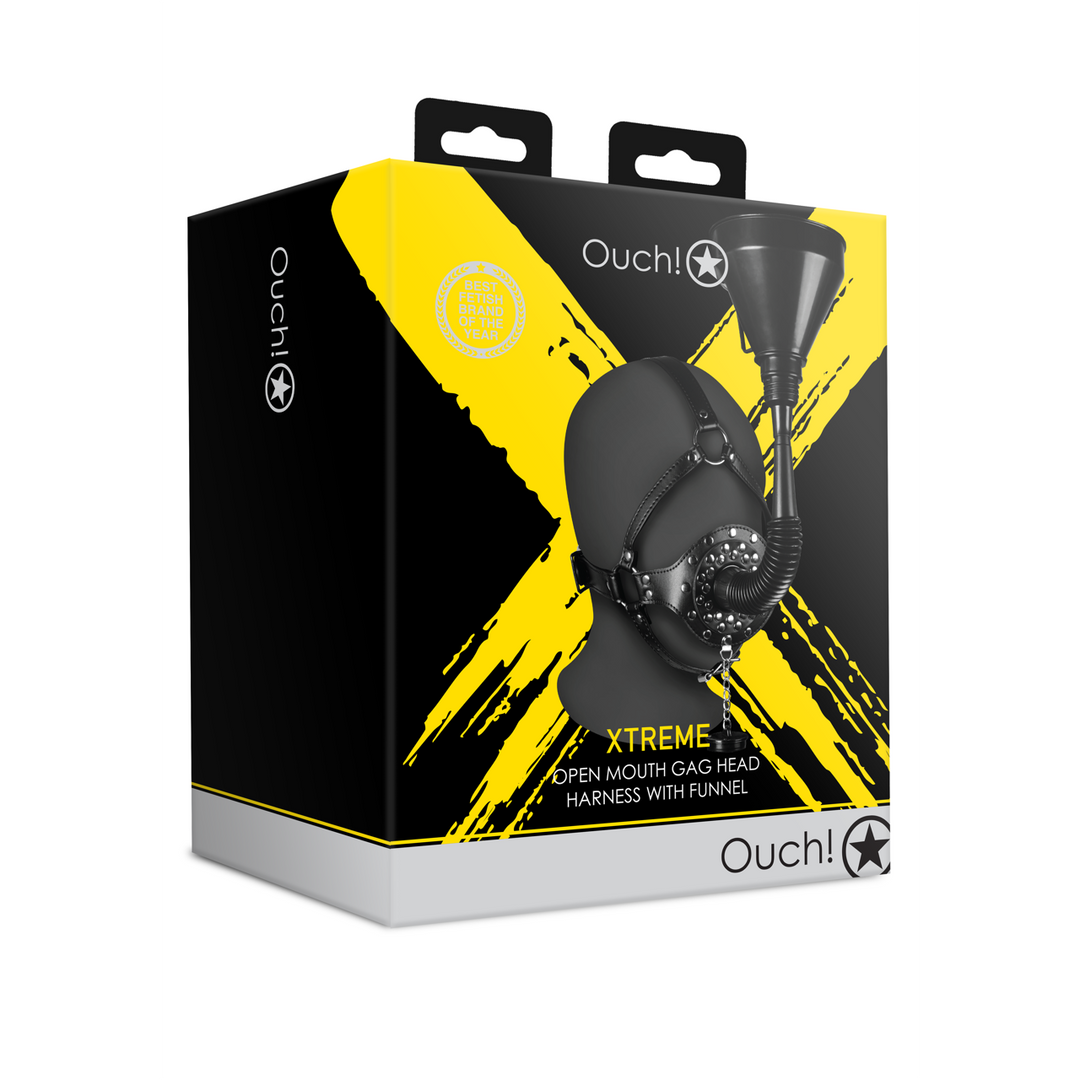 Open Mouth Gag Head Harness with Funnel - Black - Image 2