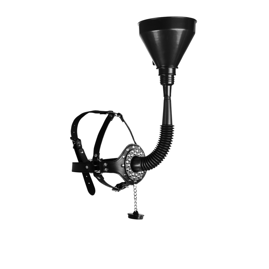 Open Mouth Gag Head Harness with Funnel - Black - Image 4