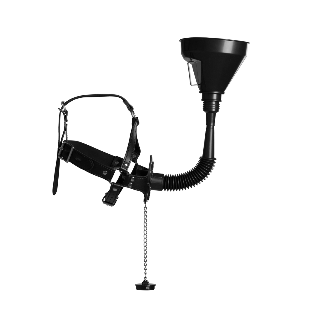 Open Mouth Gag Head Harness with Funnel - Black - Image 6