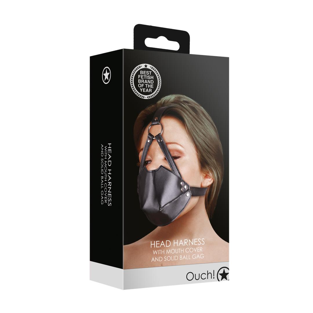 Head Harness with Mouth Cover and Breathable Ball Gag - Black - Image 2