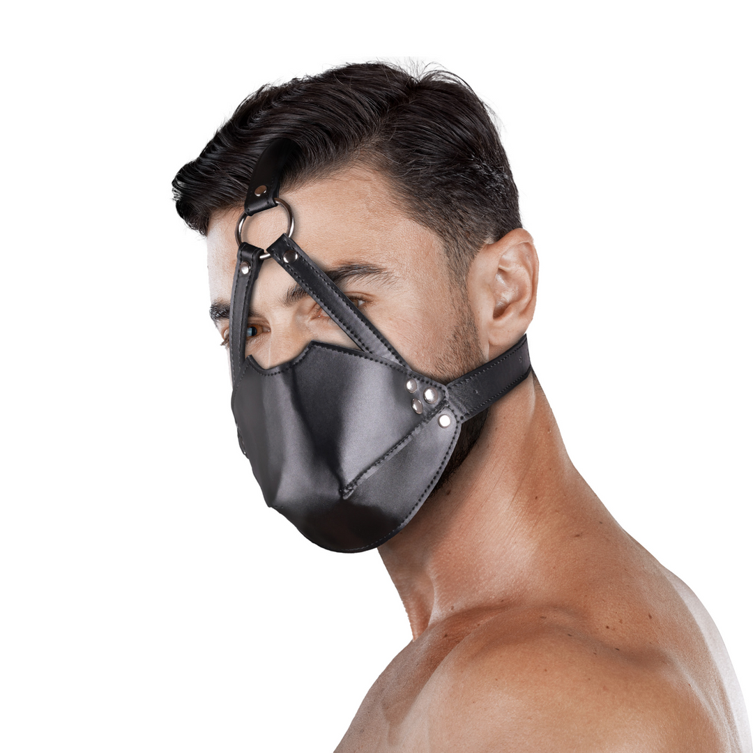 Head Harness with Mouth Cover and Breathable Ball Gag - Black - Image 7
