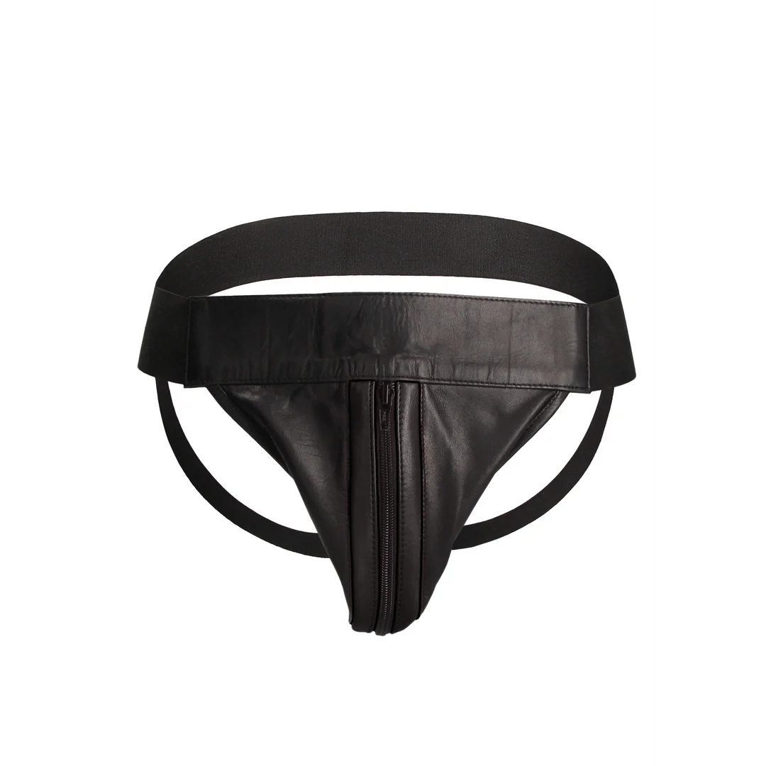 Striped Front With Zip Jock - Leather - Black/Black - S/M